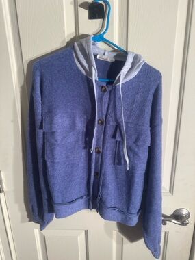 Zenana Outfitters Heather Blue Hooded Button Cardigan with Light Gray Trim